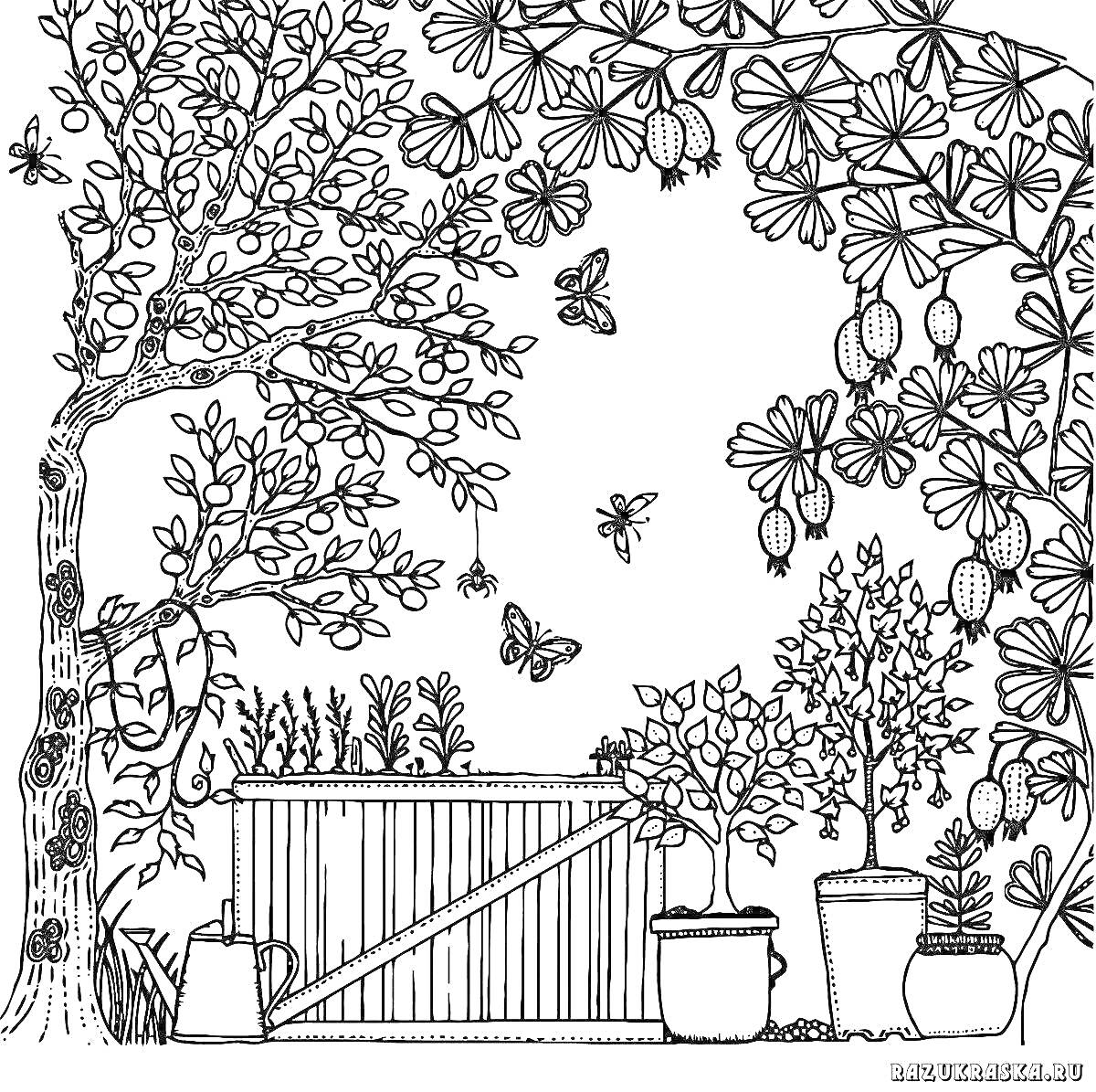 На раскраске изображено: Волшебный сад, Антистресс, Цветы, Деревья, Горшки, Забор, Лейка, Пчелы, Природа