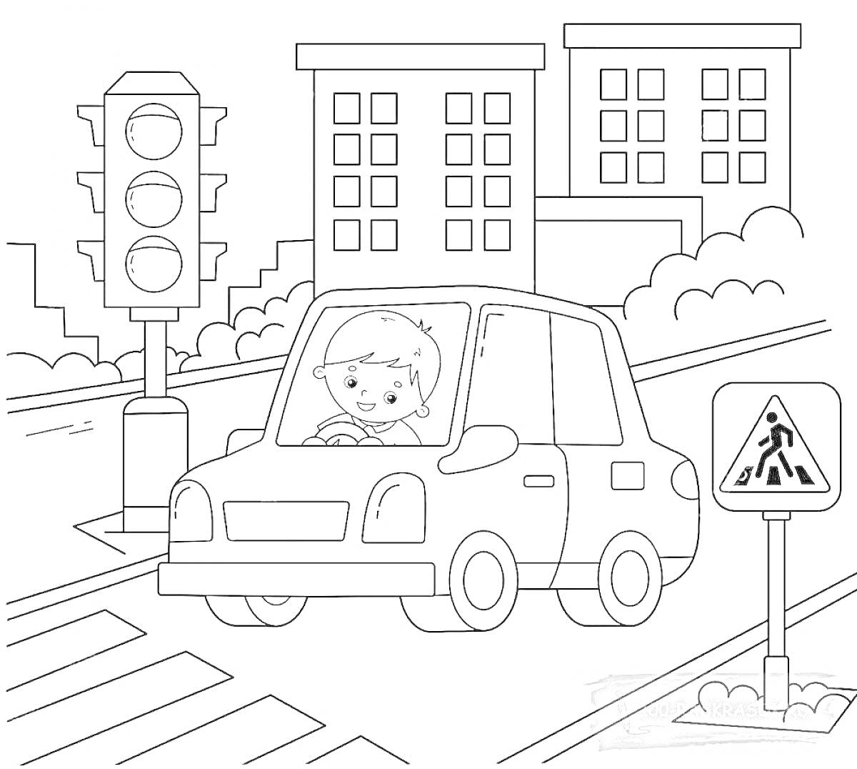 Раскраска Мальчик в машине у светофора на улице с домами и пешеходным переходом