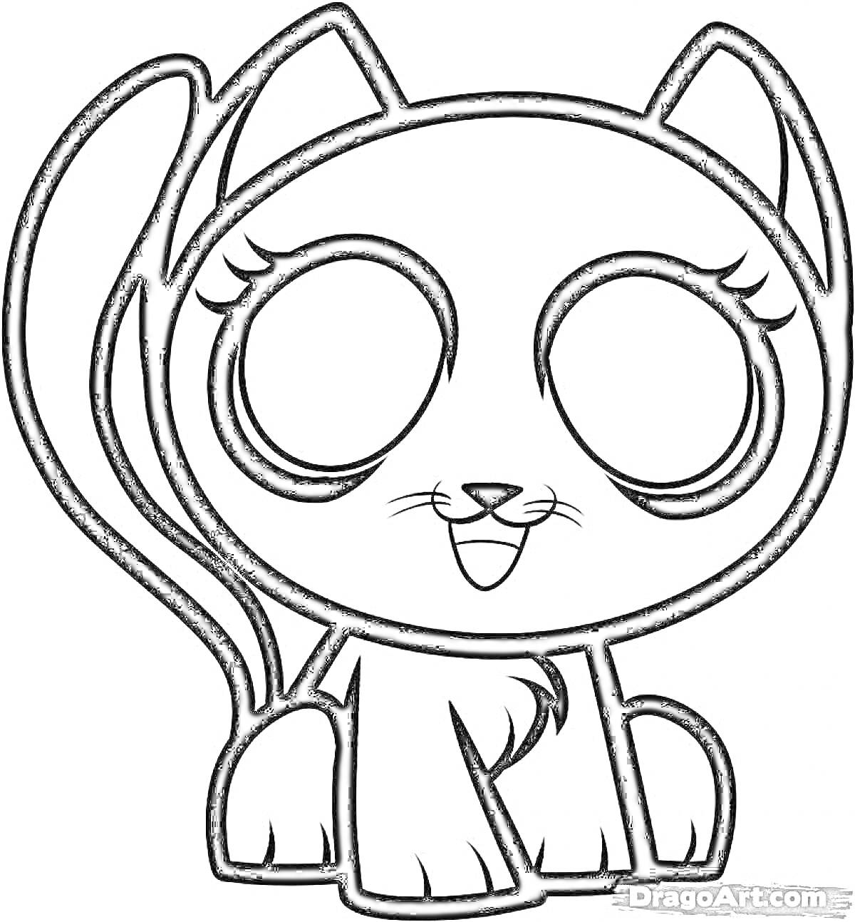 На раскраске изображено: Мультяшный кот, Кот, Большие глаза, Сидящий кот, Из мультфильмов, Усы, Хвост