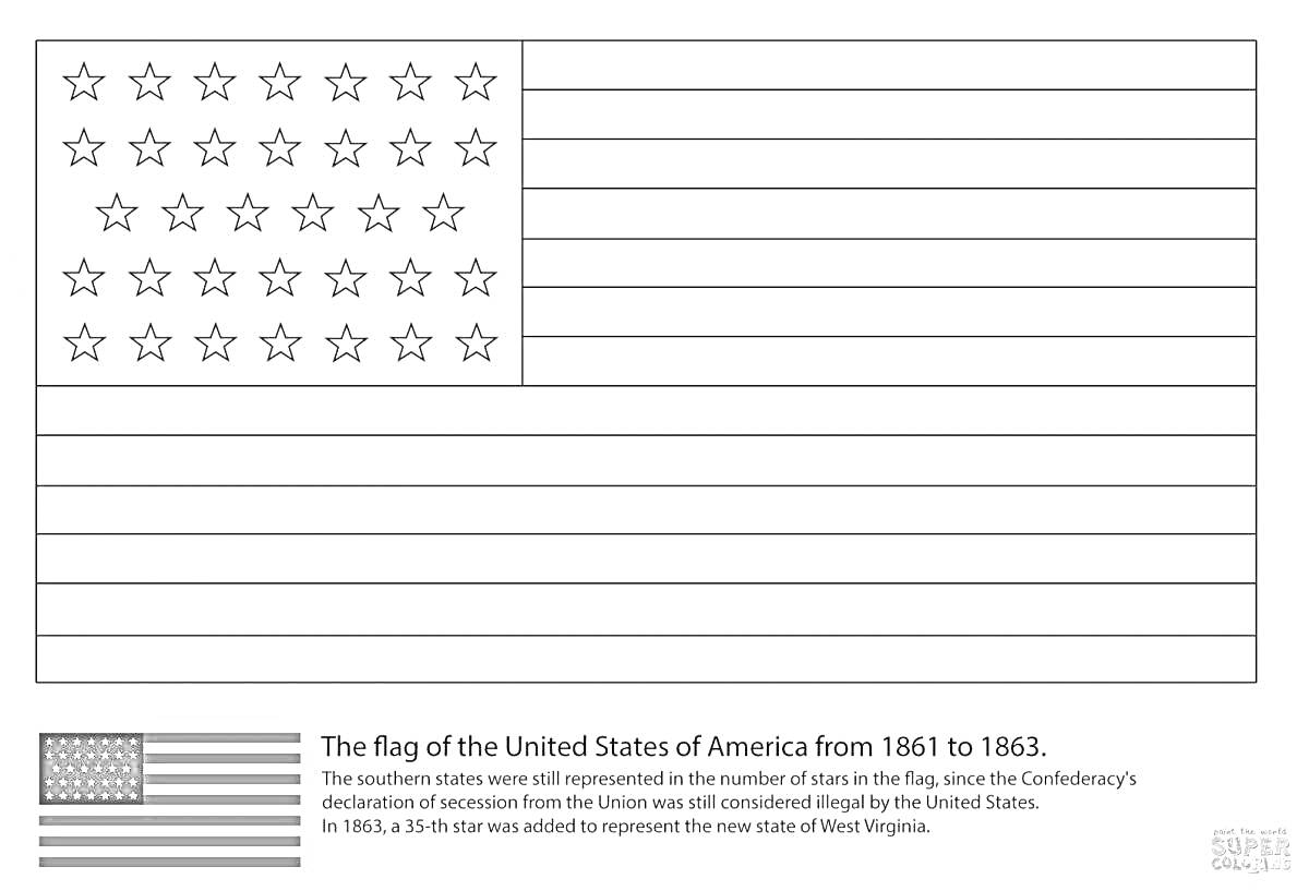 На раскраске изображено: Флаг, США, Америка, Звезды, Полосы, История, Патриотизм