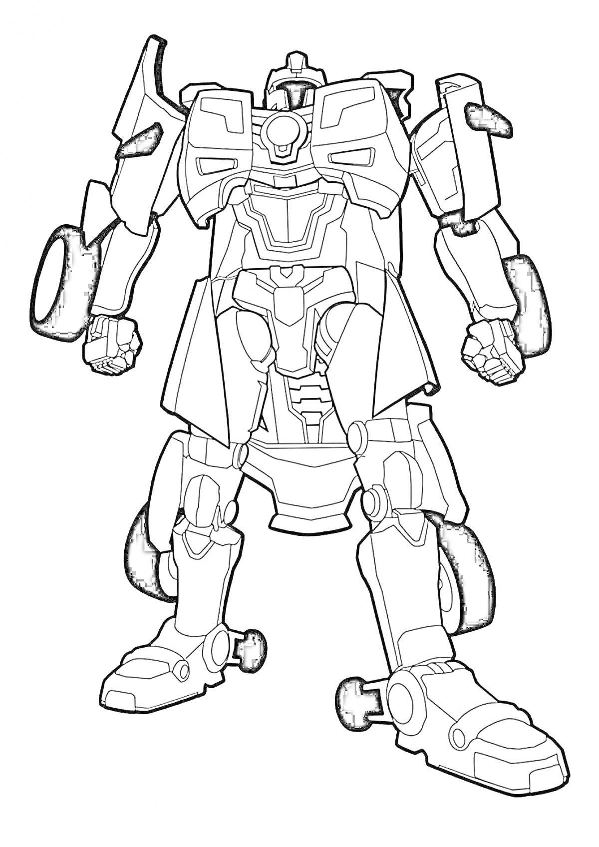 Раскраска Раскраска с роботом титаном с элементами брони, колесами на руках и ногах