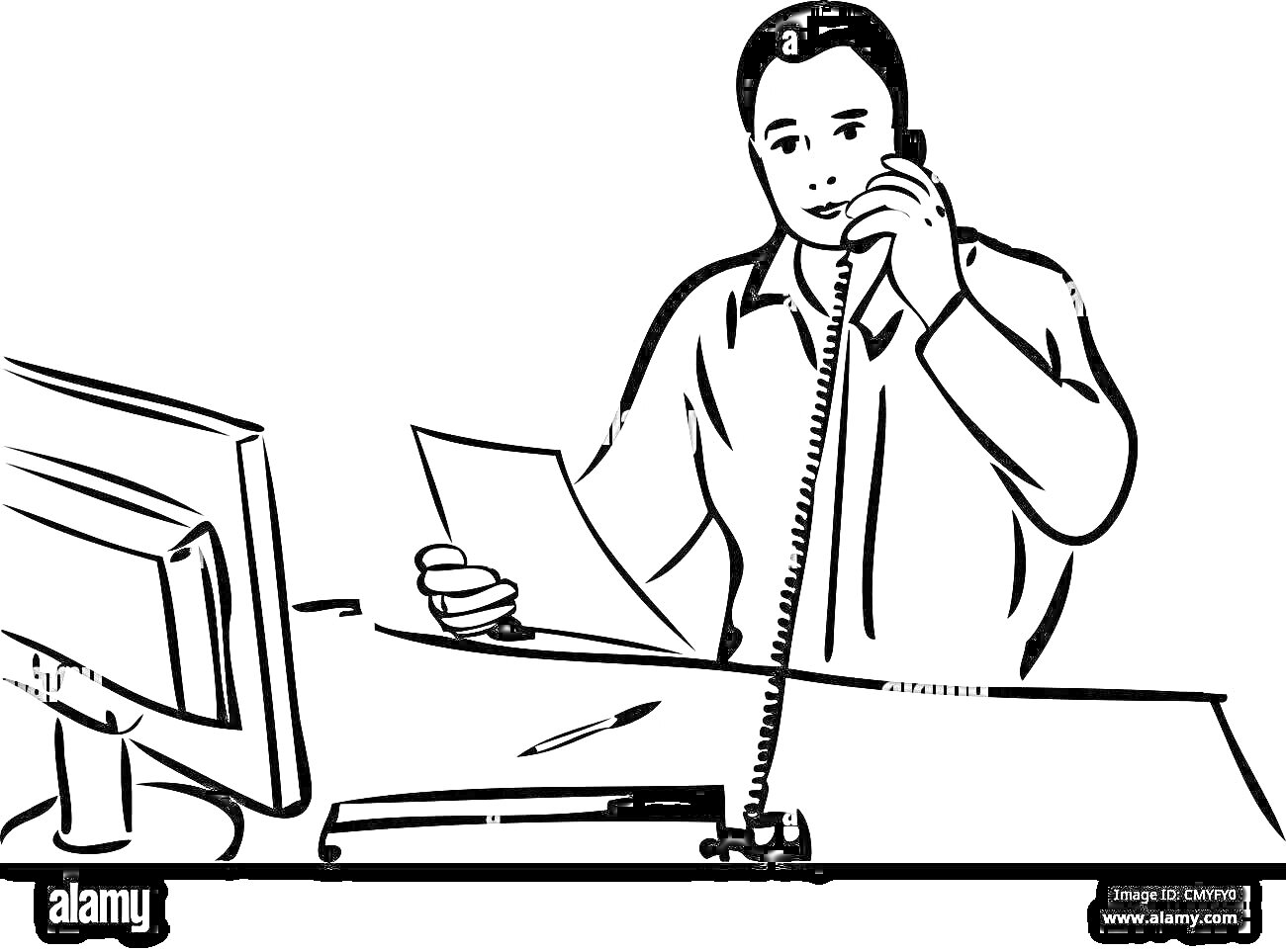 На раскраске изображено: Человек, Компьютер, Телефон, Лист бумаги, Письменный стол, Офис, Ручка, Монитор