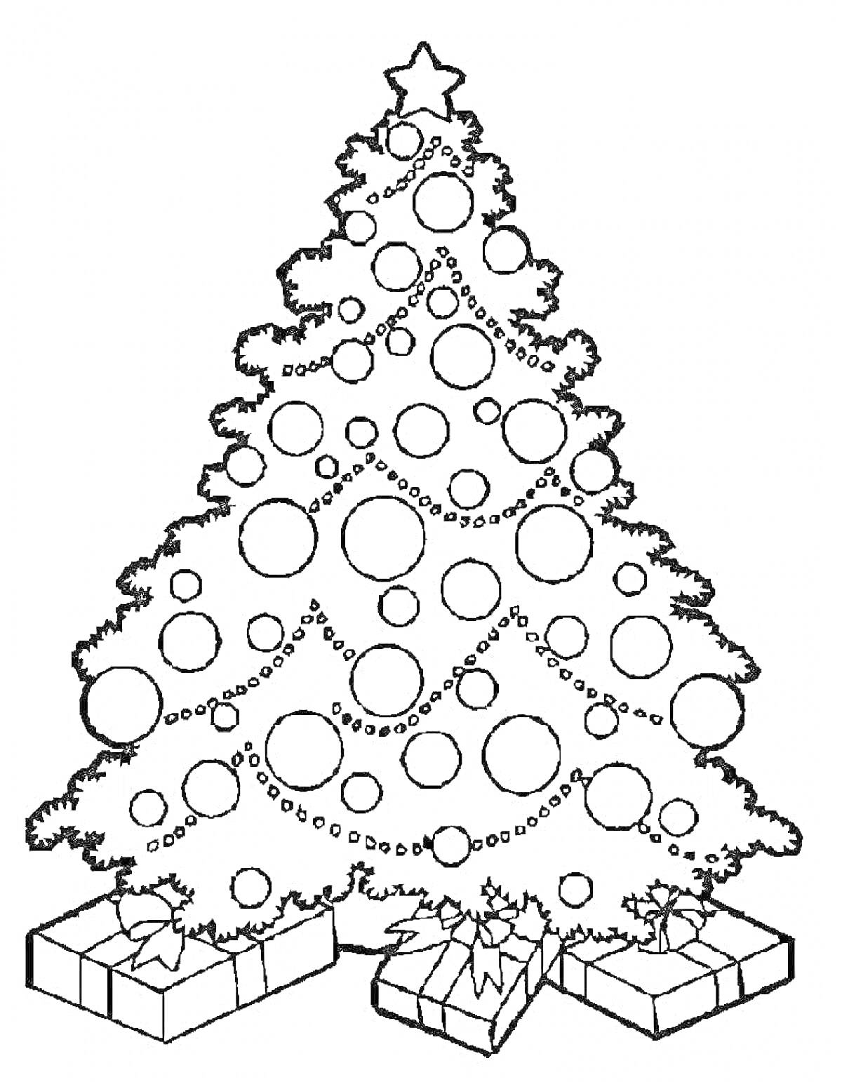 Раскраска Елочка, украшенная шариками и гирляндой, с подарками под ней