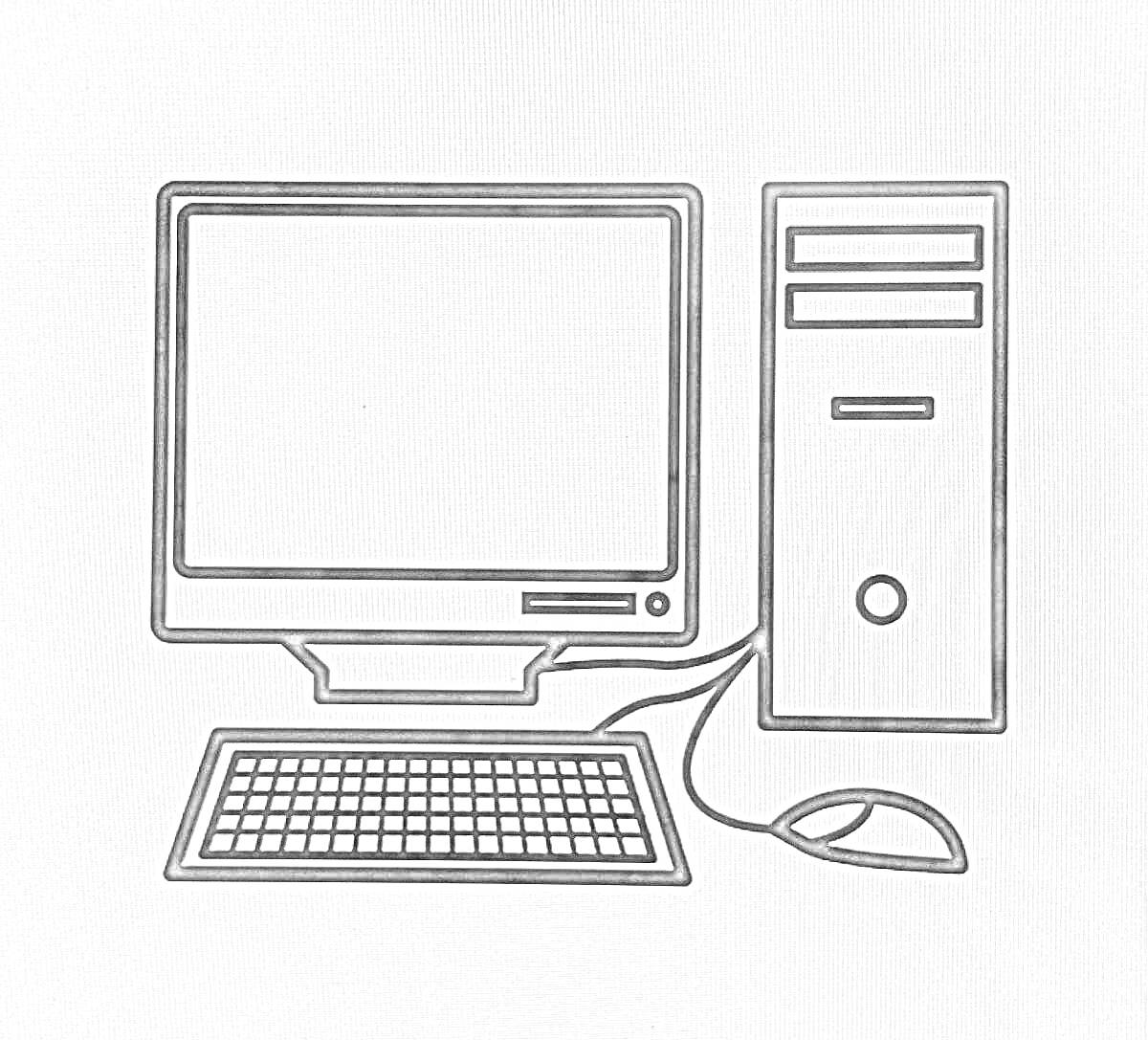 На раскраске изображено: Компьютер, Монитор, Системный блок, Клавиатура, Мышь, Техника, Электроника, Рабочее место