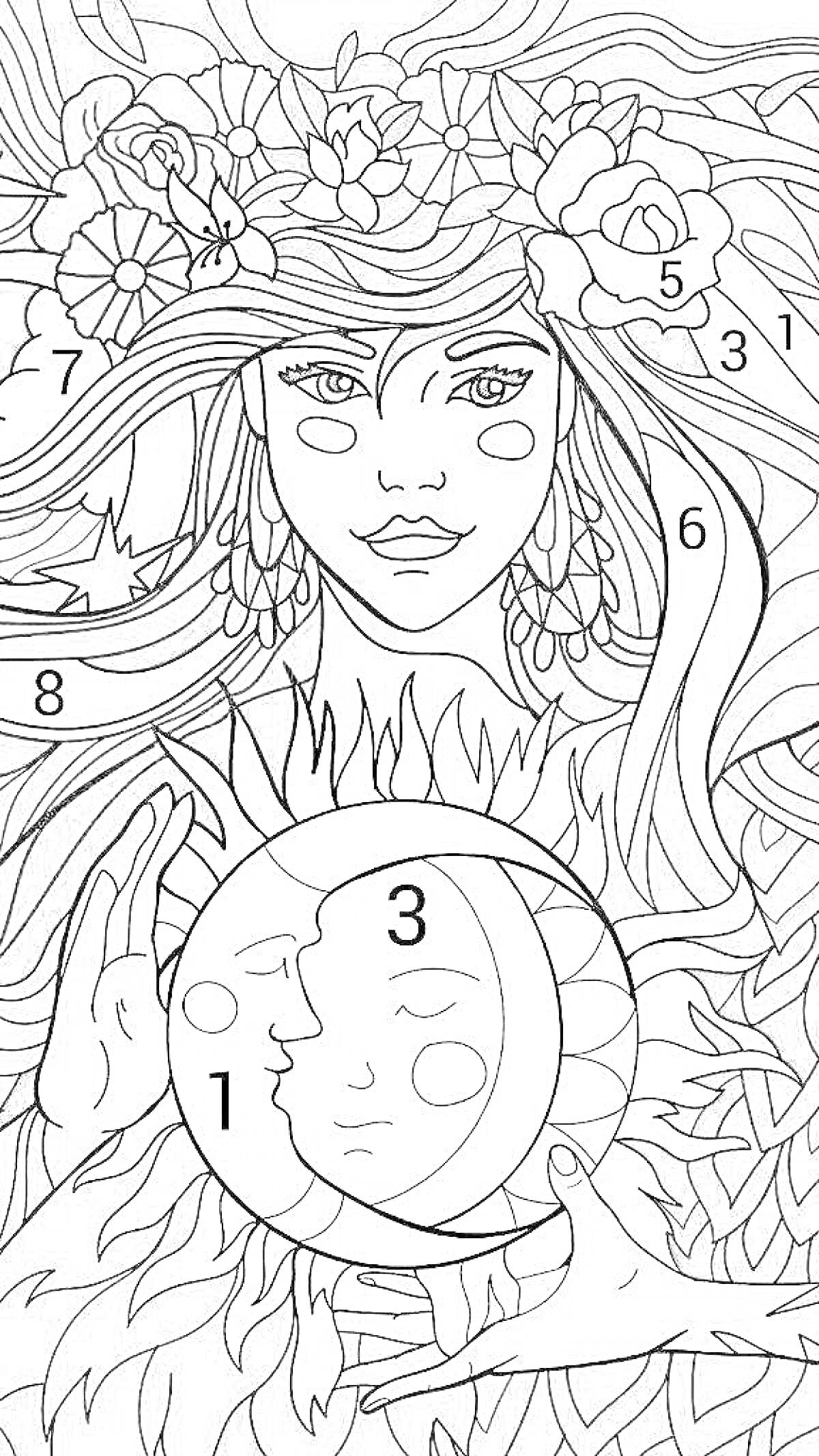 Раскраска Девушка с цветами в волосах и солнцем и луной в руках