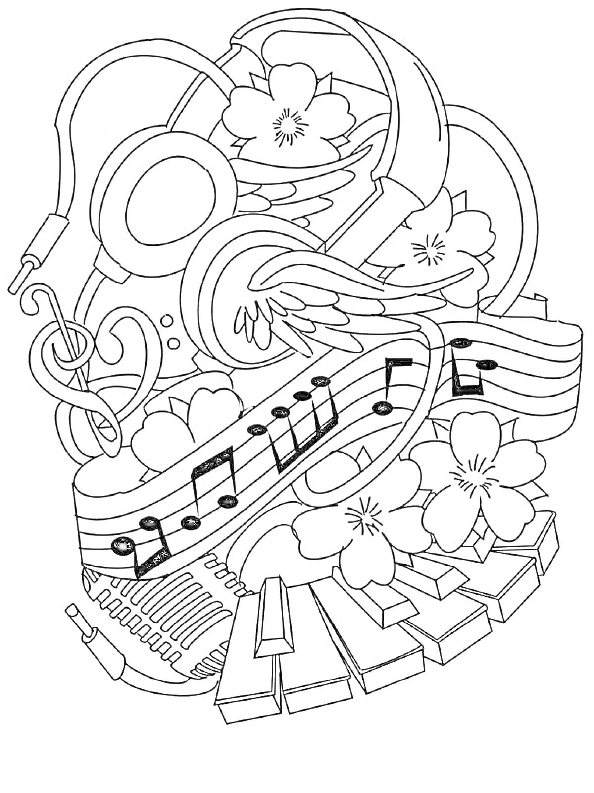 На раскраске изображено: Музыка, Наушники, Фортепиано, Клавиши, Цветы, Ноты, Мелодия, Арт