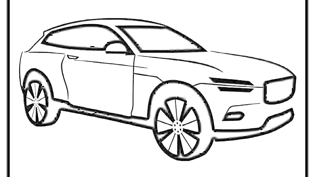 Раскраска Шаблон для раскрашивания автомобиля Volvo с чёрными окнами, колёсами и решёткой радиатора