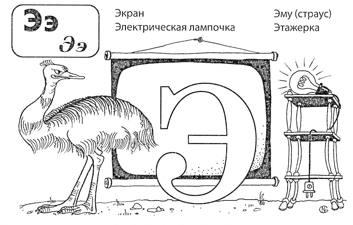 На раскраске изображено: Алфавит, Первый класс, Экран, Эму, Страус, Учеба