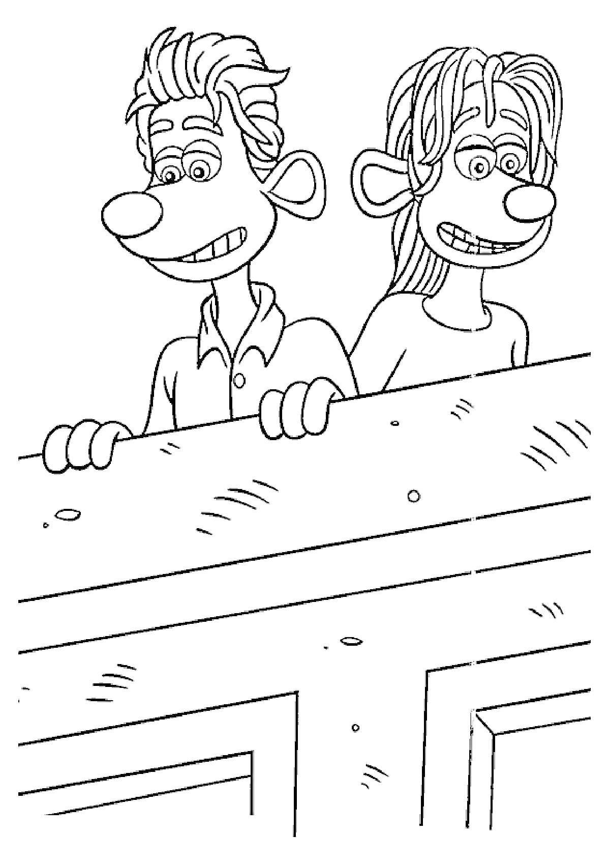 Раскраска Два персонажа с большими ушами и носами за деревянным забором