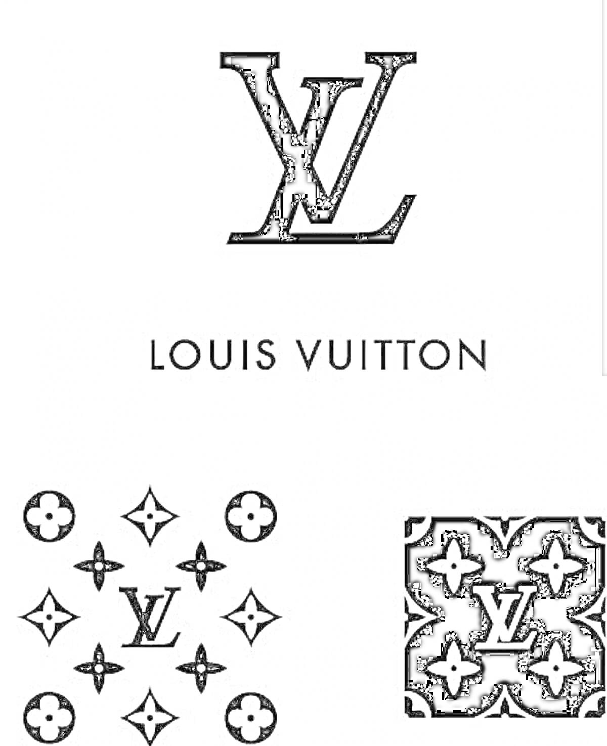 Логотип и элементы Louis Vuitton - монограмма LV, полный логотип Louis Vuitton, геометрические узоры