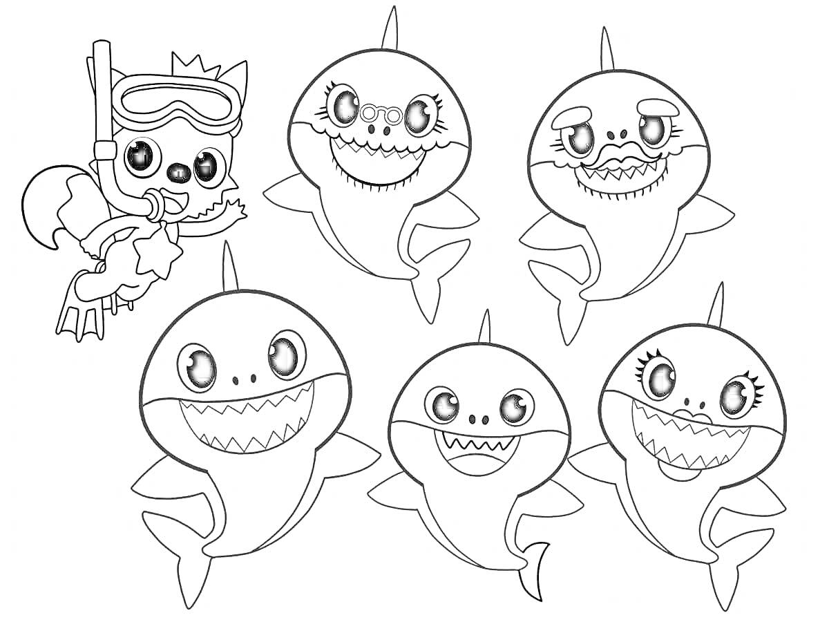 Раскраска Пять акул и ребёнок в очках для подводного плавания с короной и звездой