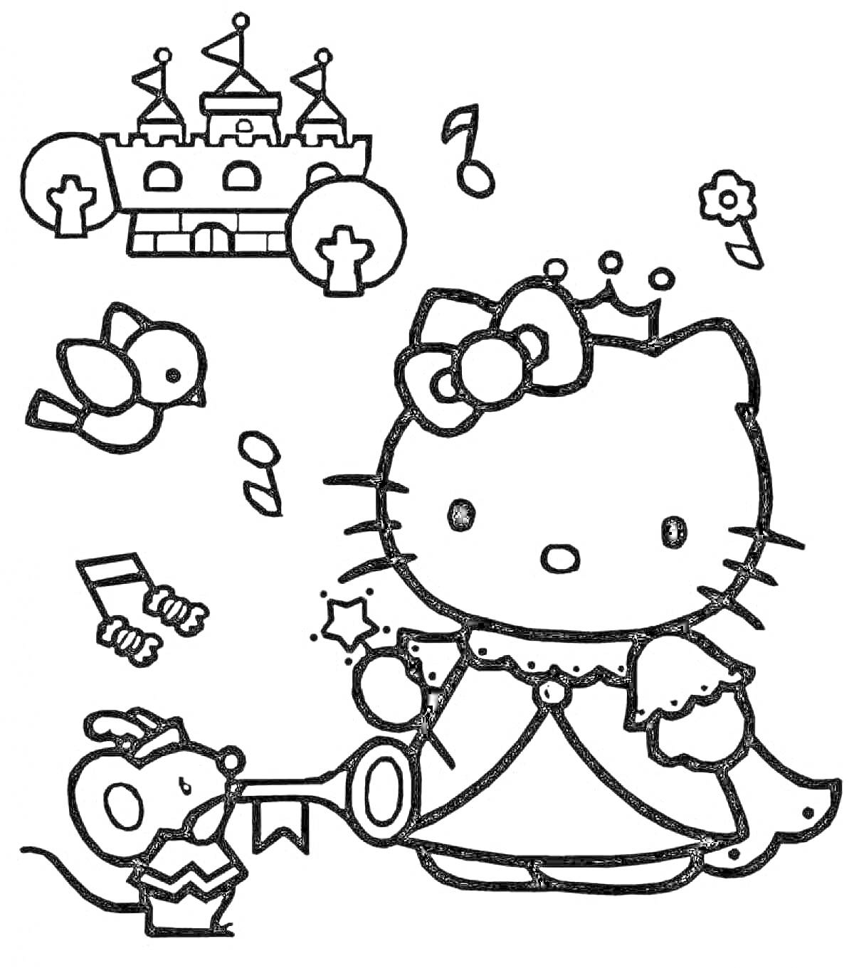 Раскраска Принцесса Hello Kitty в короне рядом с мышью с трубой, птицами и замком