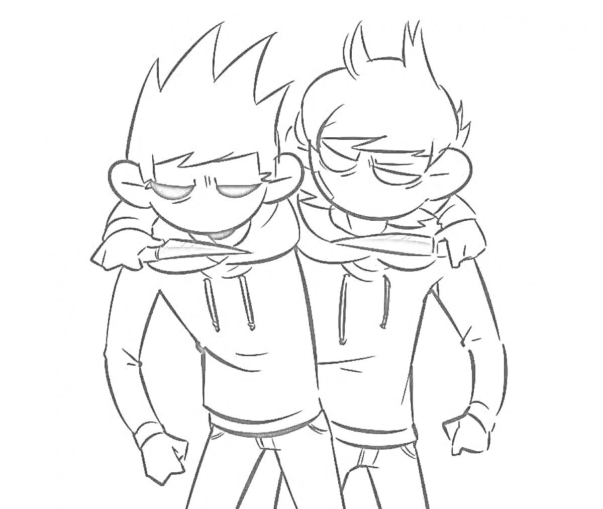 Раскраска Два персонажа с поднятыми руками в толстовках стоят вместе, обнявшись за плечи.