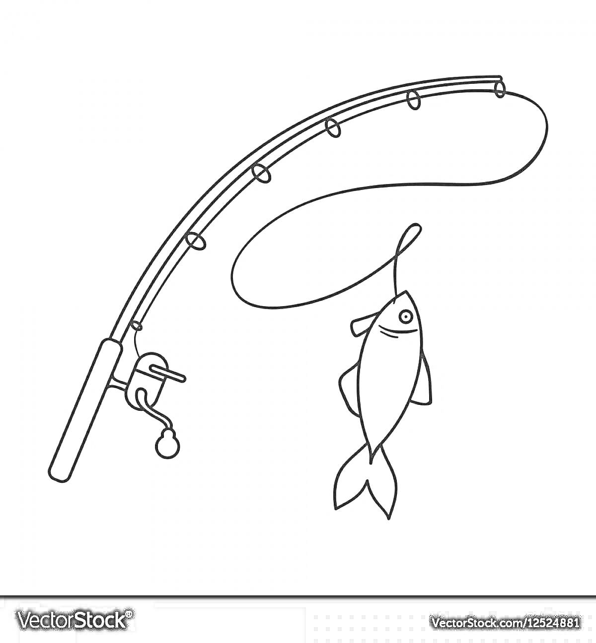 Раскраска Удочка с леской и рыбой