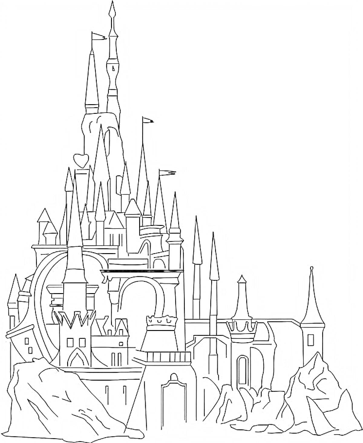 На раскраске изображено: Замок, Снежная королева, Башни, Скалы, Зима