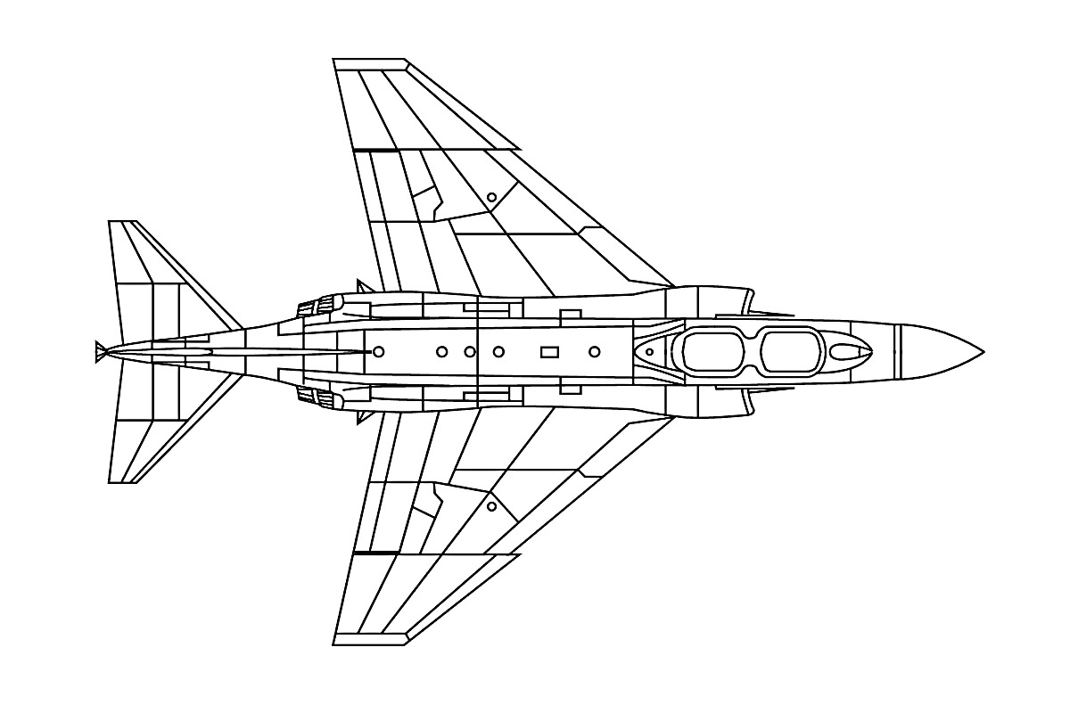 Раскраска Военный самолет с двумя реактивными двигателями и двухместной кабиной, вид сверху