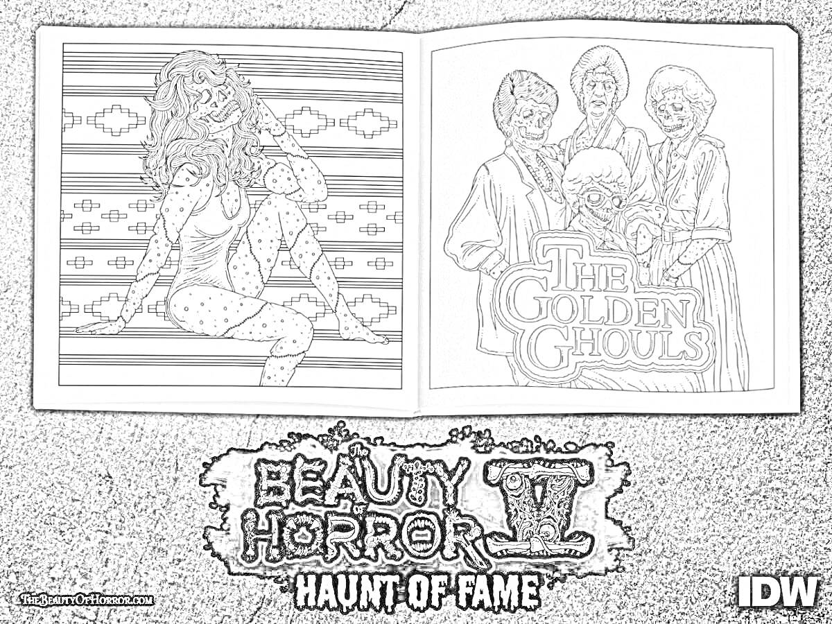 Раскраска Beauty of Horror IV: Haunt of Fame. Первый рисунок - женщина в кровати с длинными волосами, второй рисунок - четыре пожилые женщины и надпись 