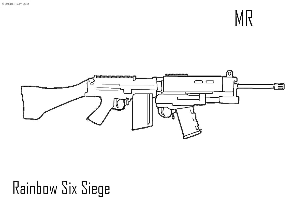 Раскраска Раскраска винтовки М416 из игры Rainbow Six Siege, контурное изображение с надписями MR и Rainbow Six Siege
