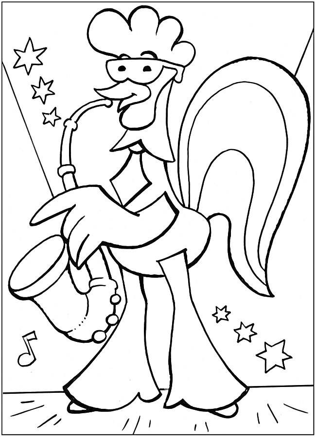 Раскраска Петух-музыкант с саксофоном, звезды и нотка