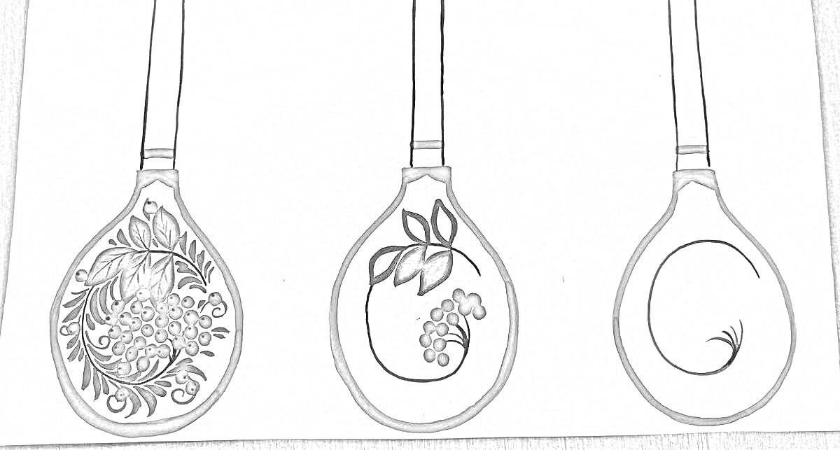 Раскраска Хохломские ложки с узорами: листья и ягоды, листья и ягоды, спиральный узор