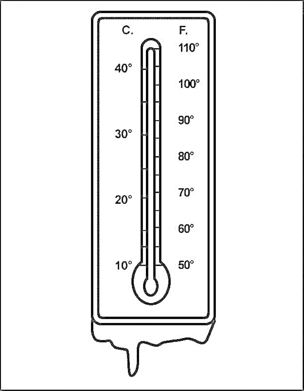 Раскраска Термометр с градациями в градусах Цельсия и Фаренгейта, с гало в нижней части
