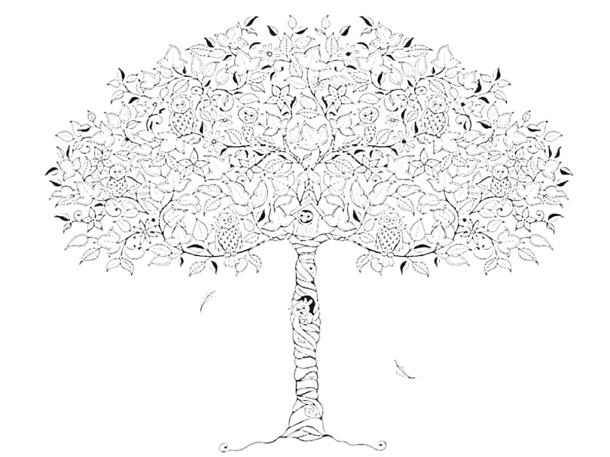 Раскраска Дерево с совами, цветами, узорами и листьями