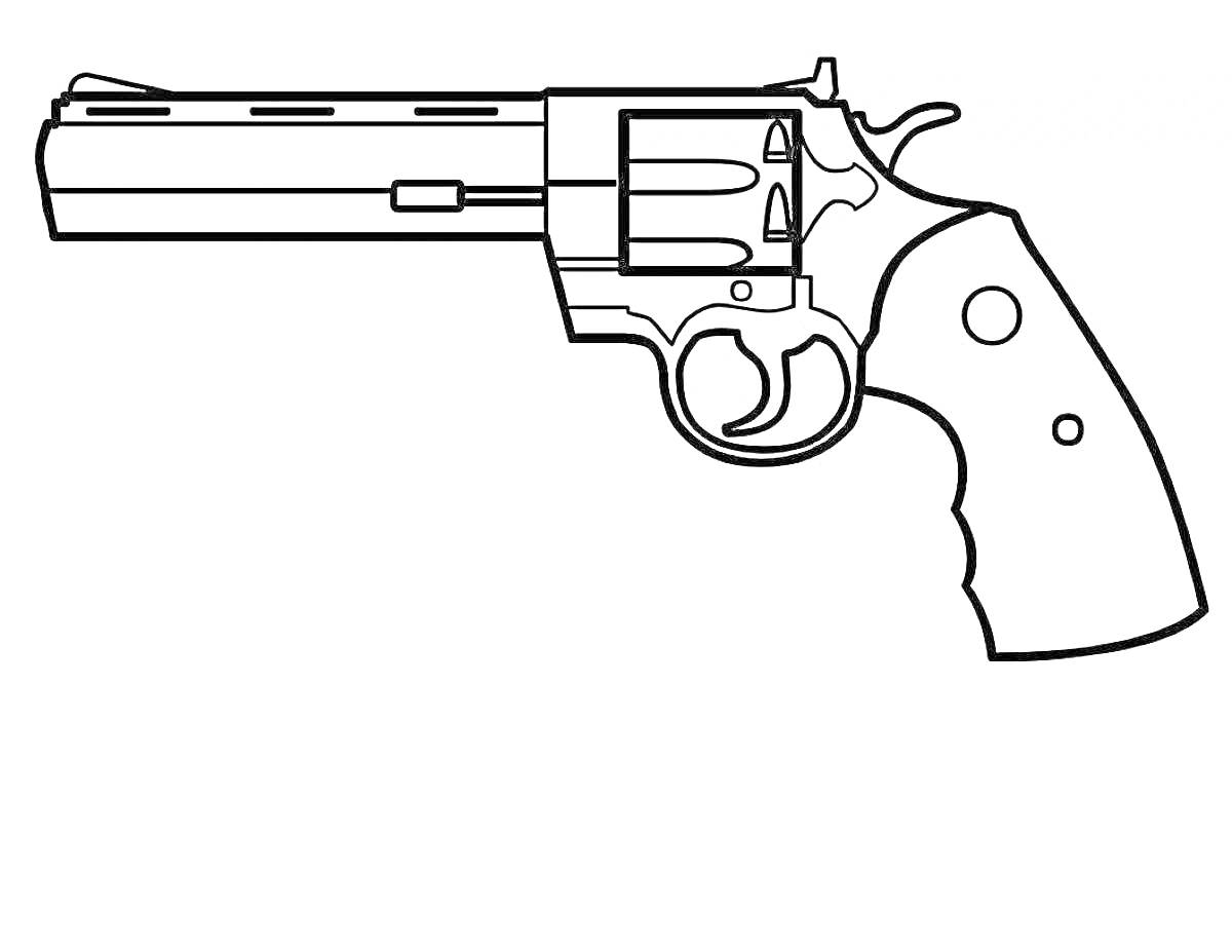 На раскраске изображено: Револьвер, Оружие, Пистолет, Рукоятка, Контурные рисунки