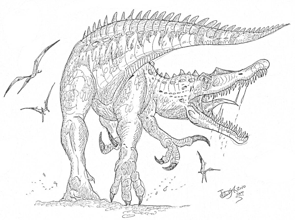 Раскраска Барионикс с открытой пастью и летающими птерозаврами вокруг