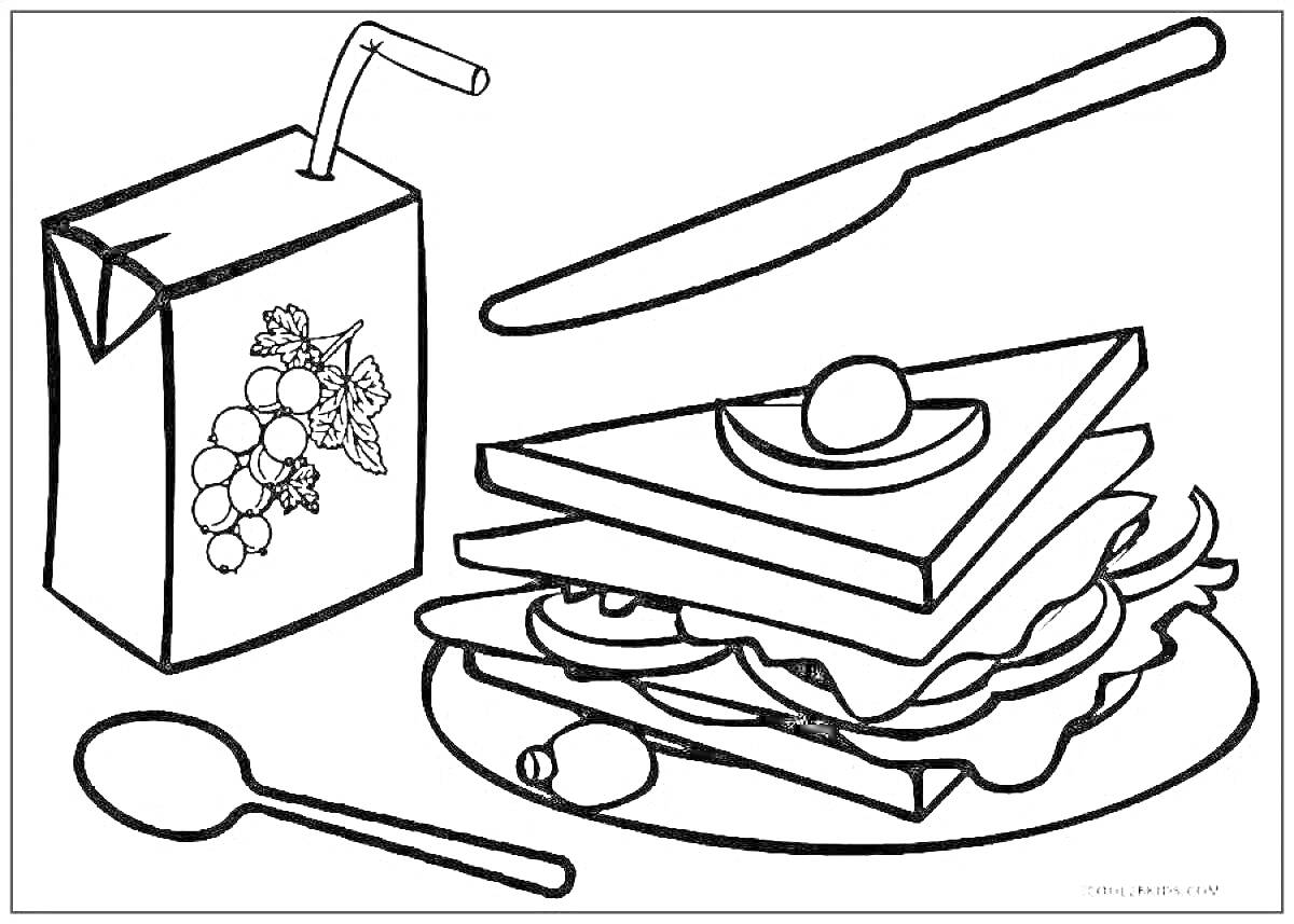 Раскраска Сэндвич с овощами и яйцом, нож, ложка, коробка сока