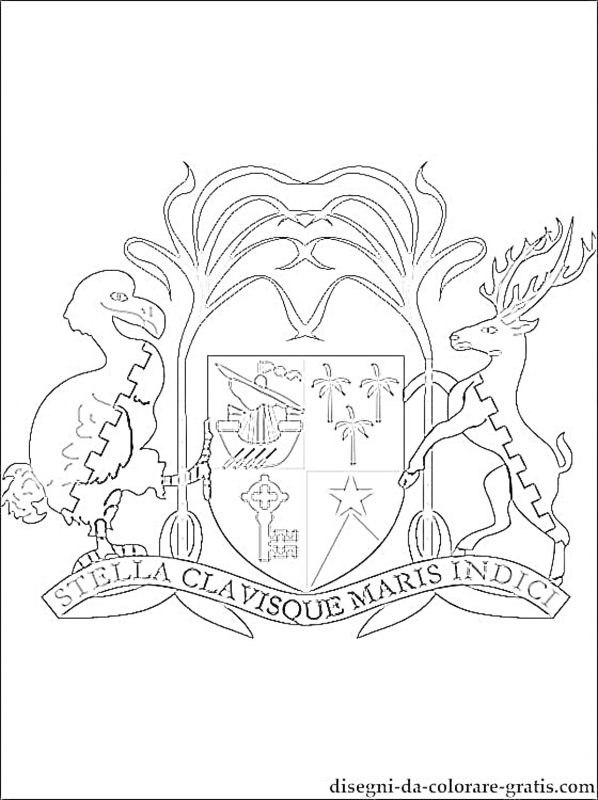 Раскраска Герб с дронтом, оленем, щитом с парусным кораблем, пальмами, зданием, сугубым крестом и звездой, лентой с надписью 