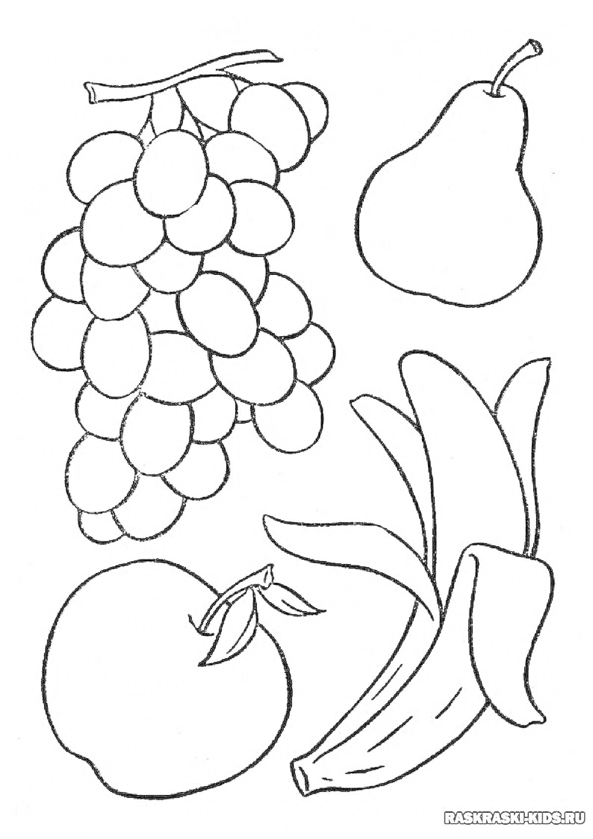 На раскраске изображено: Фрукты, Виноград, Яблоко, Банан, Овощи и фрукты