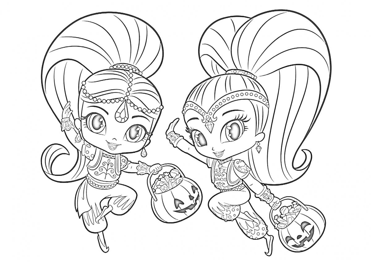 Раскраска Две девочки-джинны с высокими причёсками и тыквенными ведрами для Хэллоуина