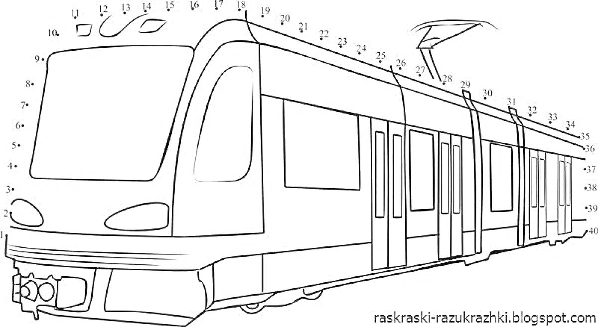 Раскраска Контур метро поезда с вагонами и пантографом.