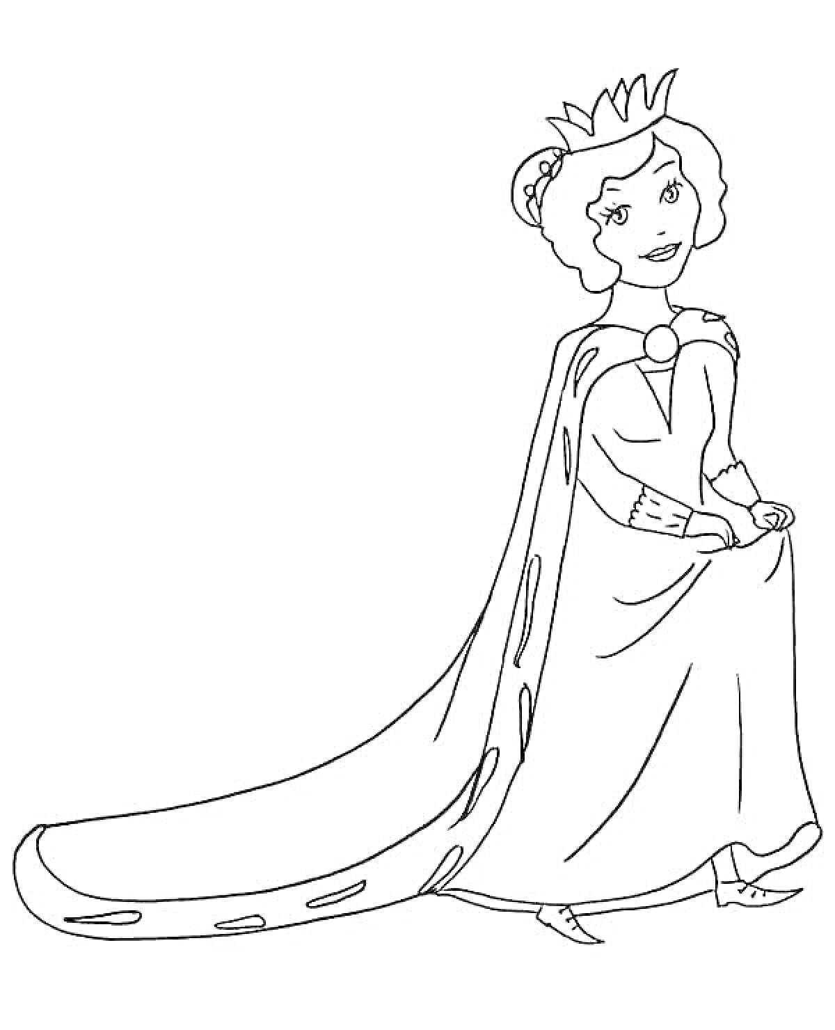 На раскраске изображено: Королева, Корона, Плащ, Платье, Женщина, Анимация