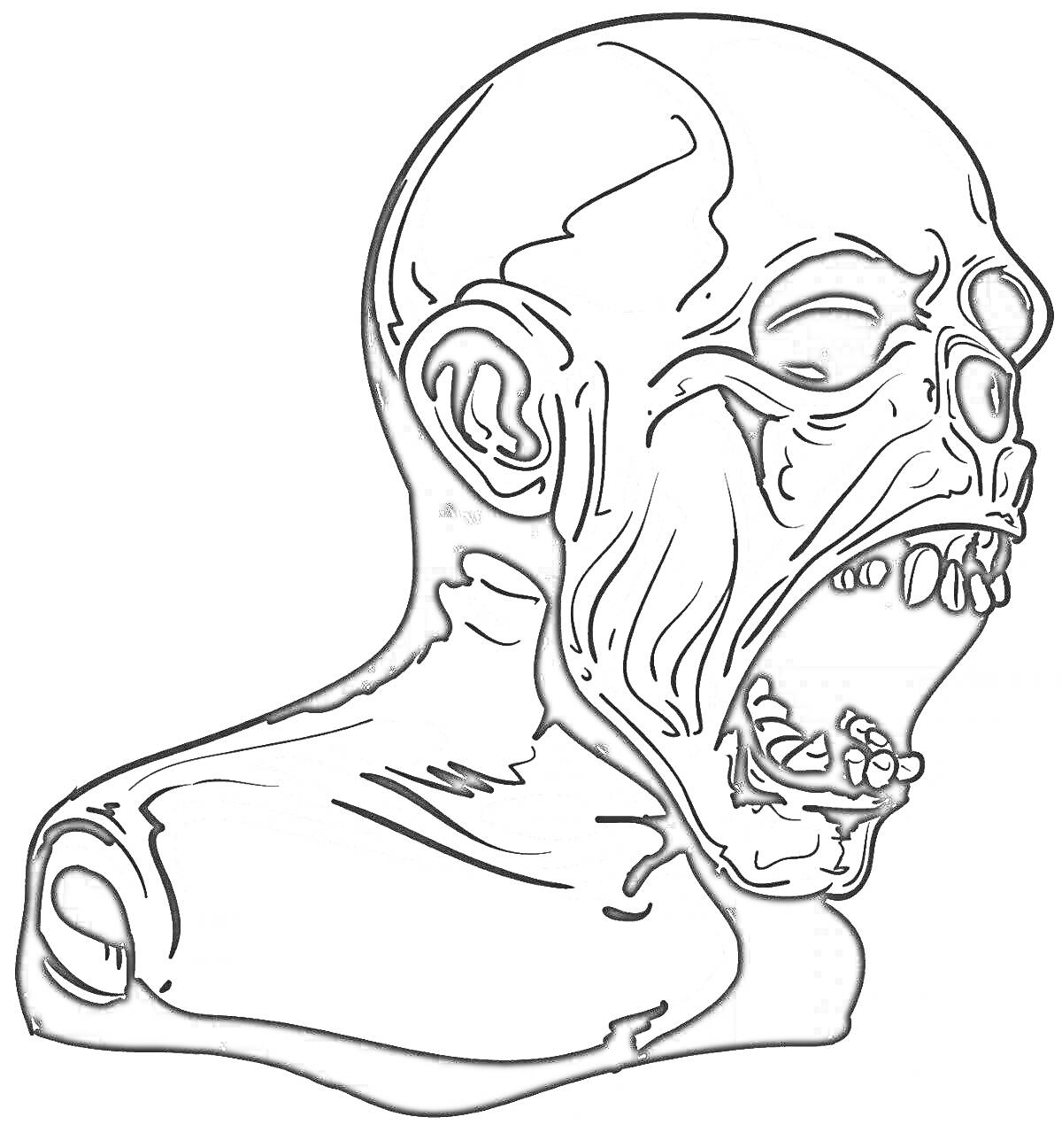 Лысая голова с вырожденными чертами, открытым ртом, отсутствием нижней части лица и шеи