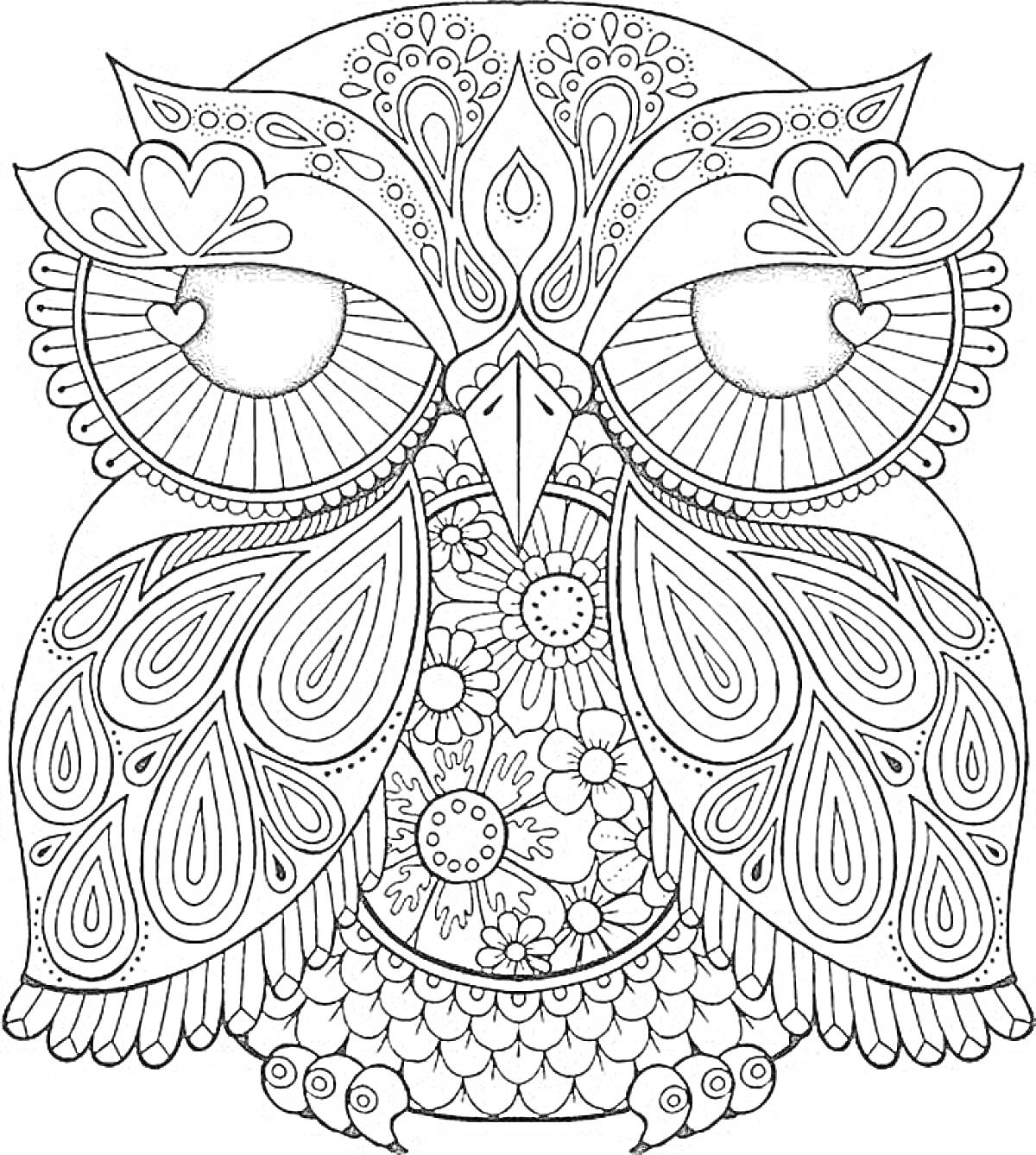 Раскраска Раскраска: антистресс сова с узорами, цветами, и сердечками