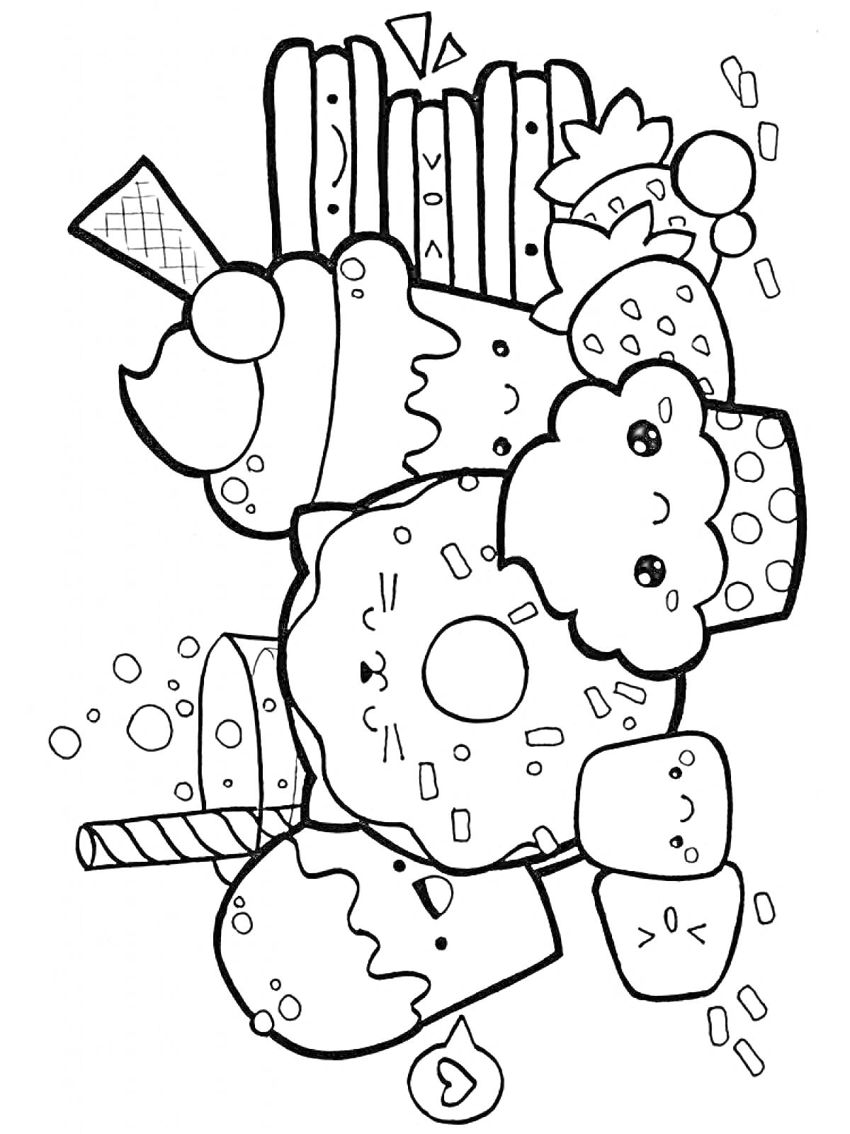 На раскраске изображено: Кавайные, Сладости, Мороженое, Кекс, Печенье, Пончик, Клубника, Конфеты, Милые, Kawaii, Пирожное, Трубочки