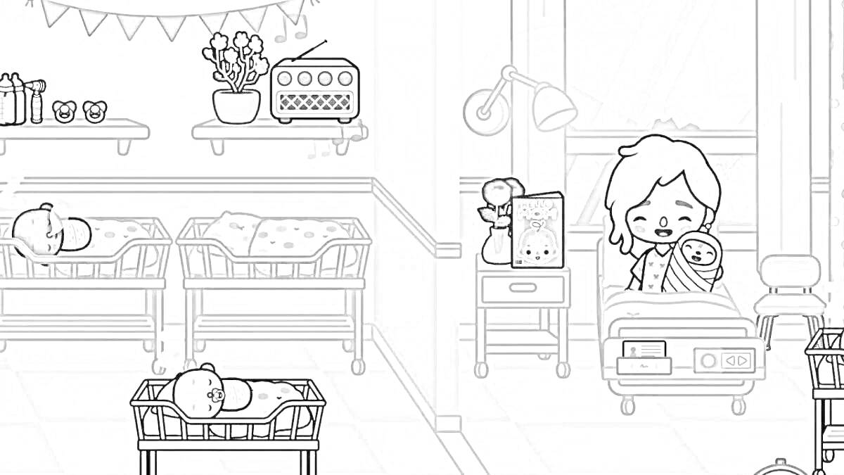 Раскраска Больничная палата с несколькими кроватками, медсестрой и новорожденными