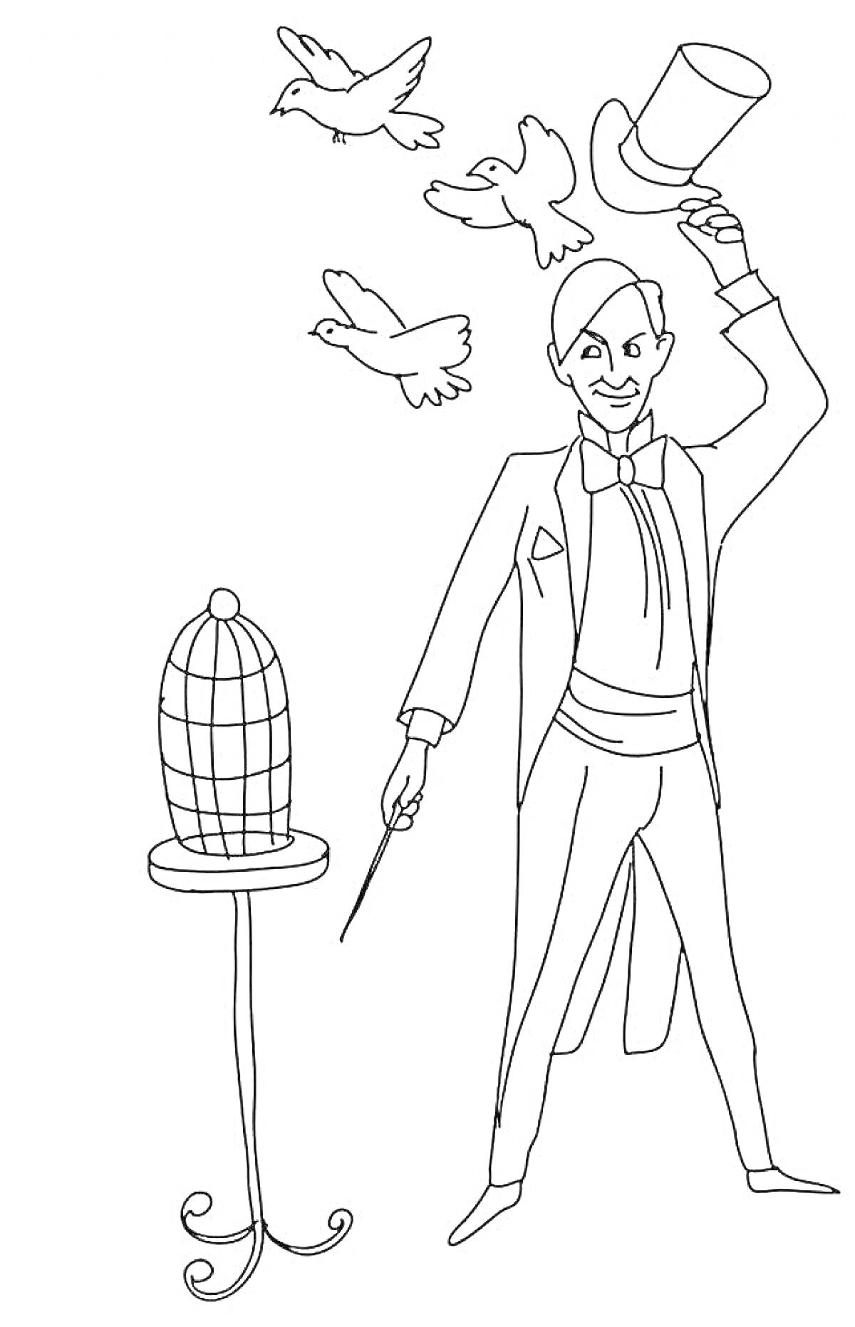Волшебник, выпускающий голубей из шляпы с волшебной палочкой рядом с клеткой
