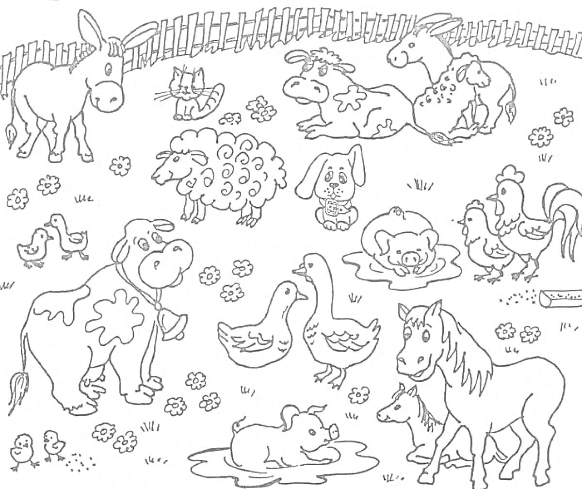 Раскраска Домашние животные на ферме (ослик, кошка, корова, овечка, кролик, поросенок в луже, куры, петух, утки, собака, лошади, жираф, цветы, забор)