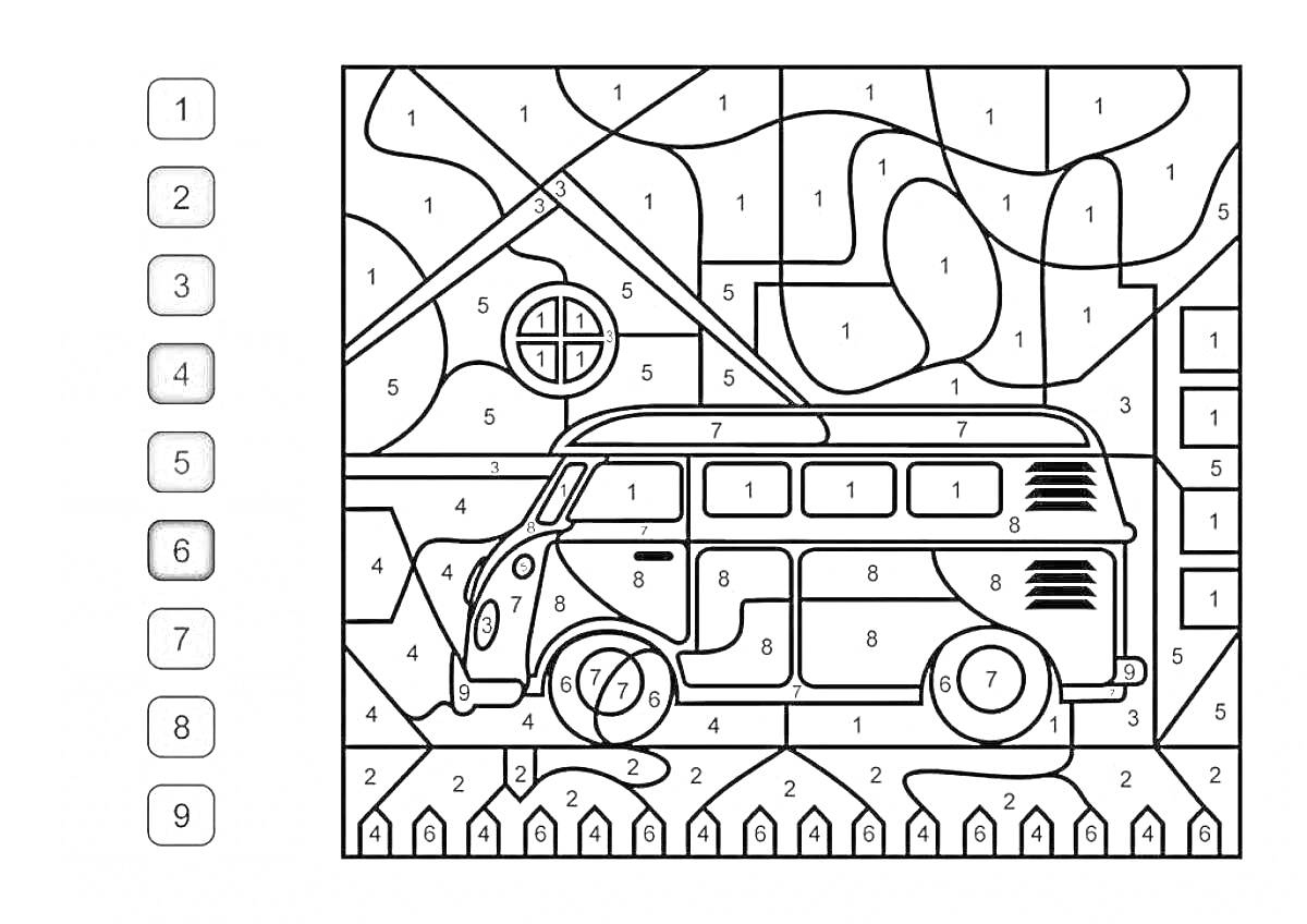 На раскраске изображено: Автобус, Забор, Ребенок, Дом, Небо, 6 лет