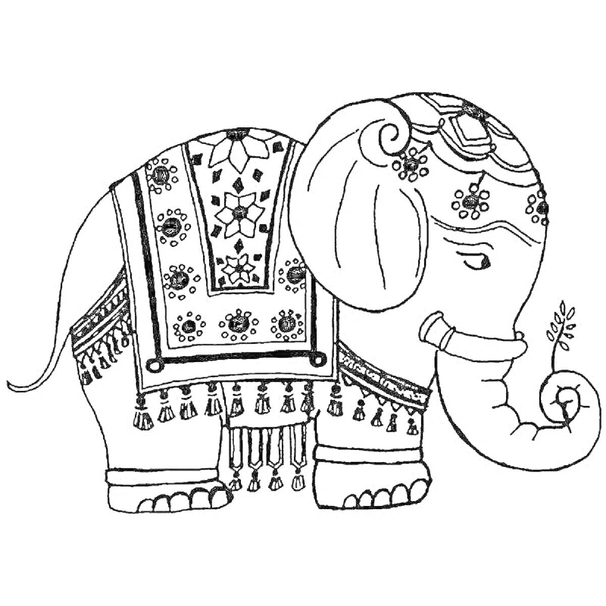 На раскраске изображено: Индийский слон, Узоры, Ковер, Хобот, Слон, Индия