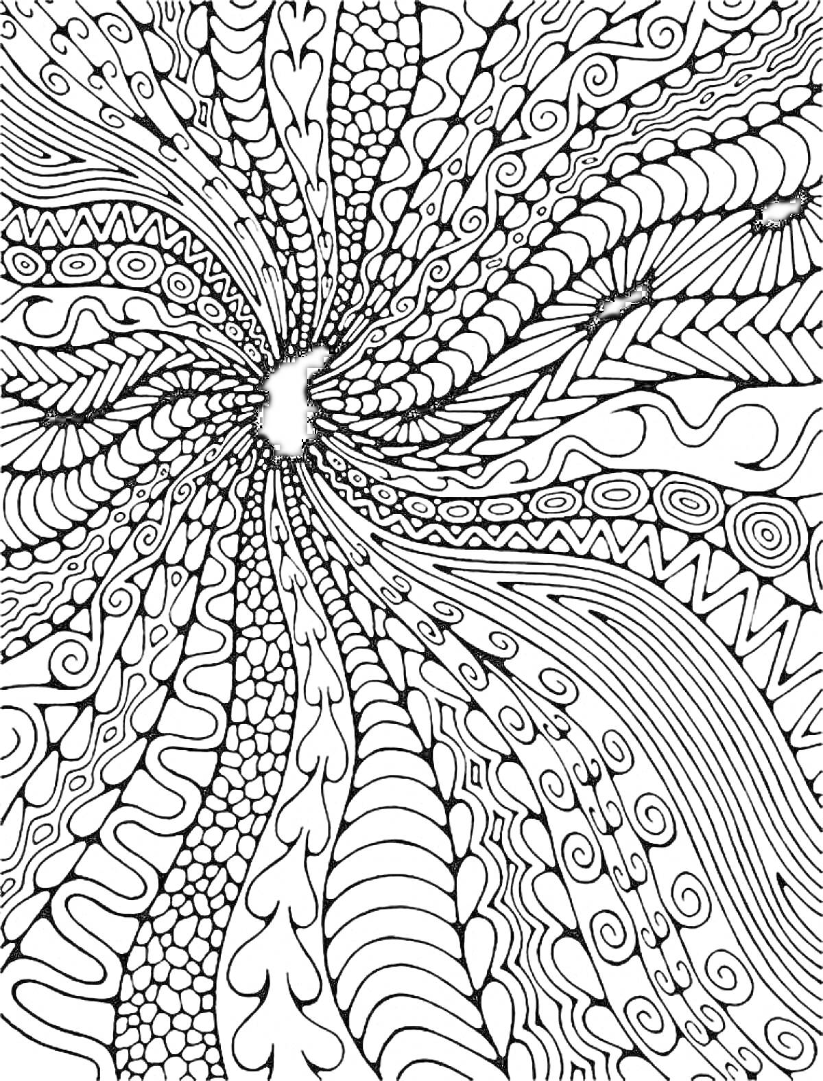 РаскраскаАбстрактное узорное расслабление: волны, листья, завитки, точки, линии и зигзаги