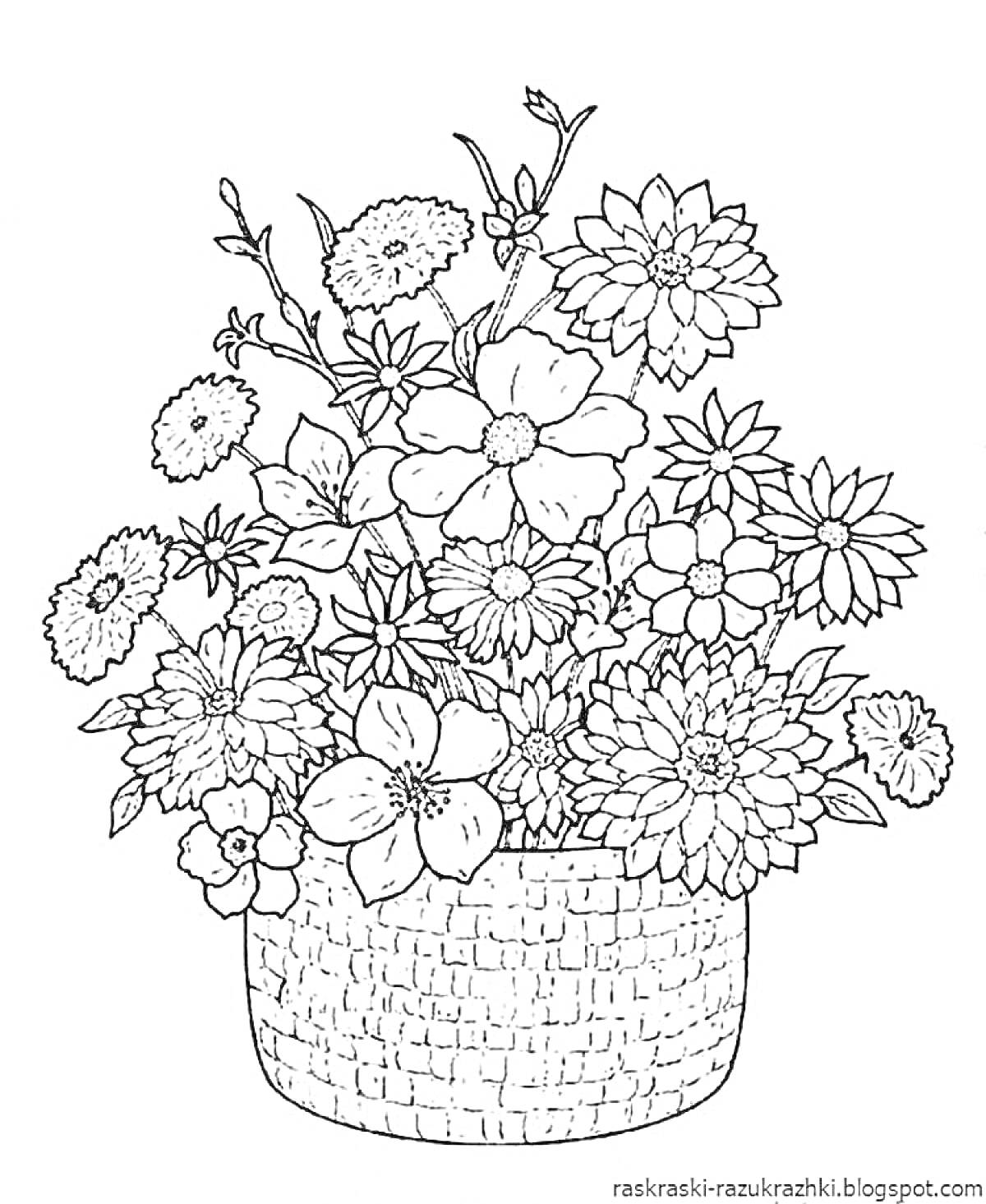 Раскраска Букет цветов в плетеной корзинке