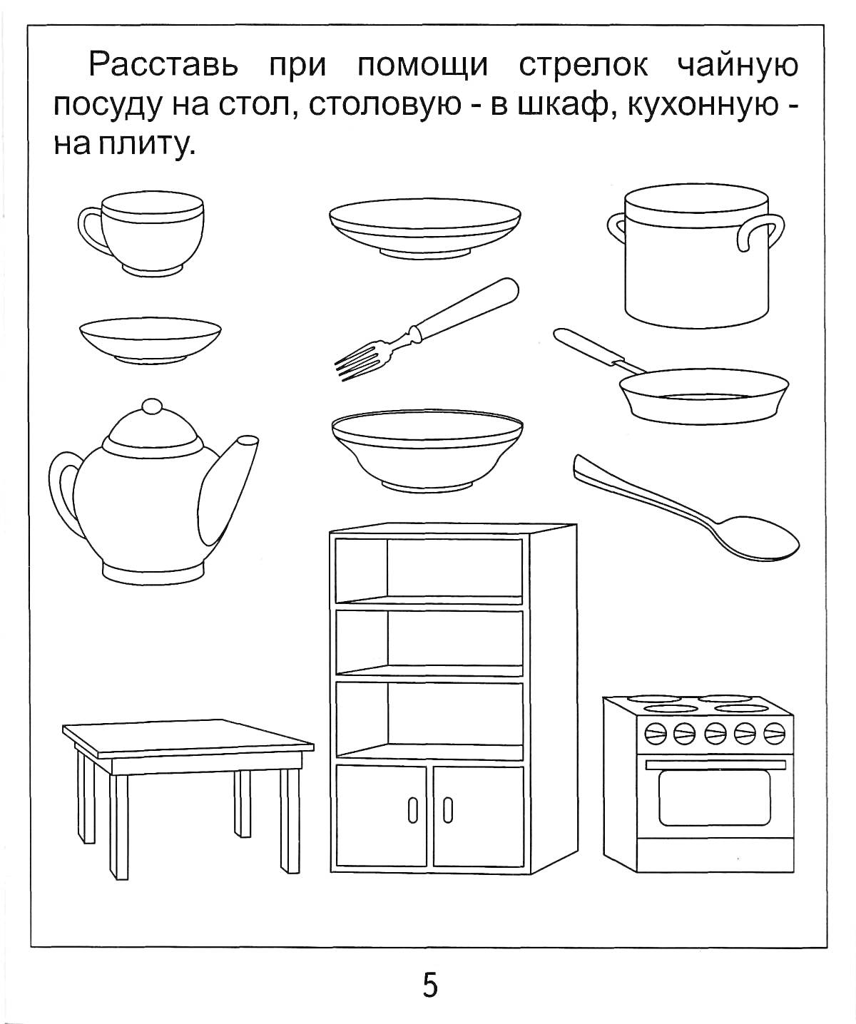 На раскраске изображено: Вилка, Стол, Плита, Шкаф, Тарелка, Ложка, Посуда, Обучение