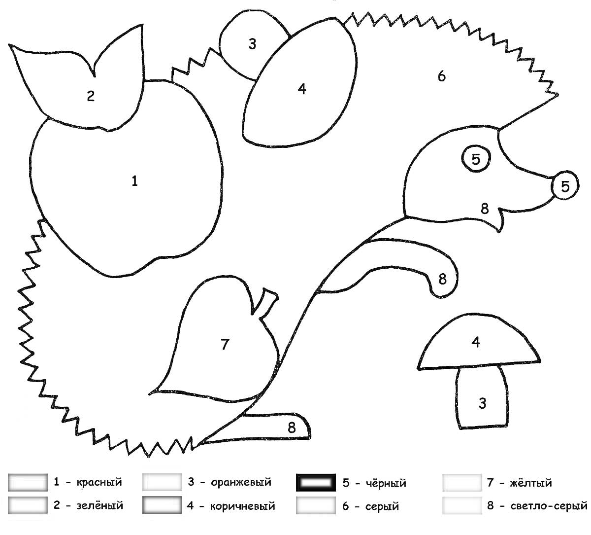 Раскраска Ёжик среди листьев и грибов