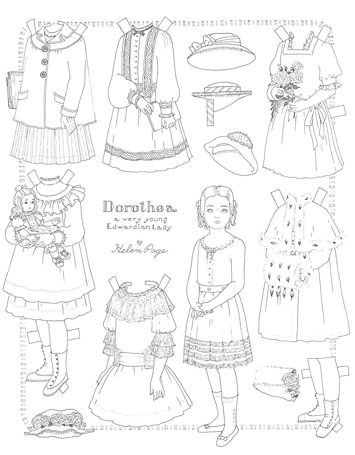На раскраске изображено: Кукла, Нарядная одежда, Платье, Пальто, Воротник-стойка, Длинные рукава, Бумажная кукла