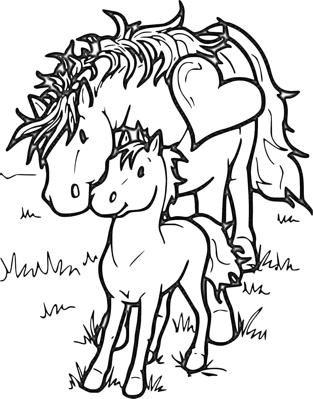 Раскраска Лошадка с жеребенком на лугу, с сердечком на крупе взрослой лошади