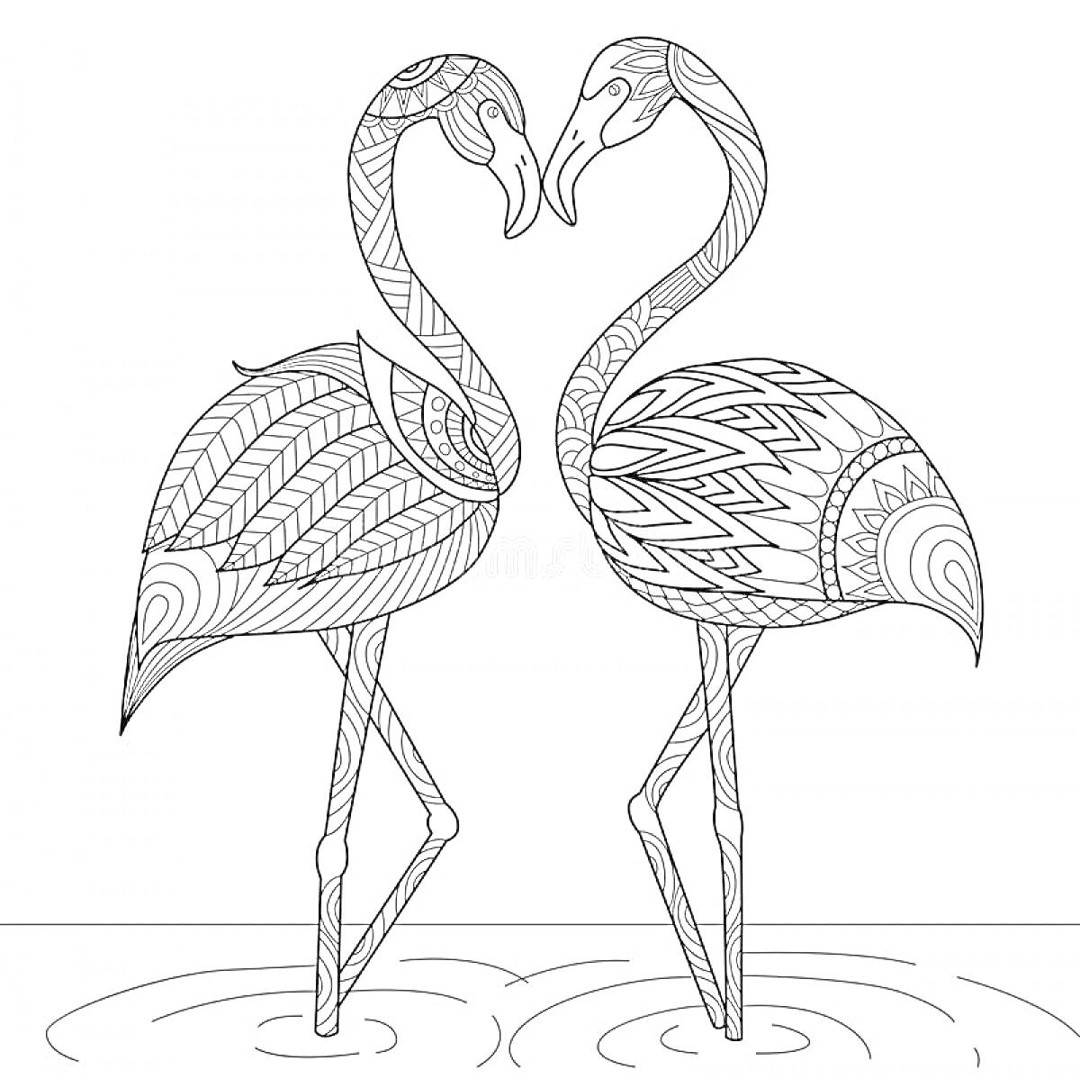 Раскраска два фламинго с узорами, стоящие на одной ноге в воде