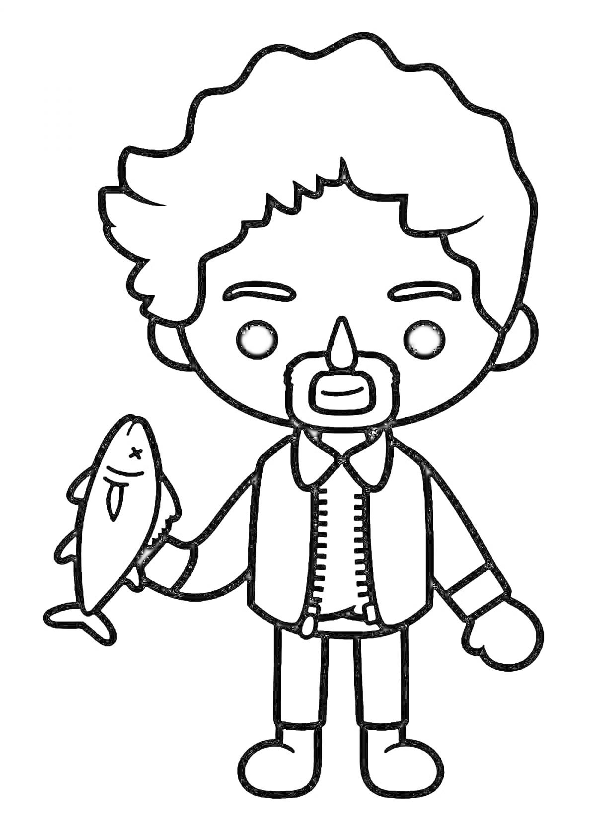 Раскраска Персонаж с рыбой